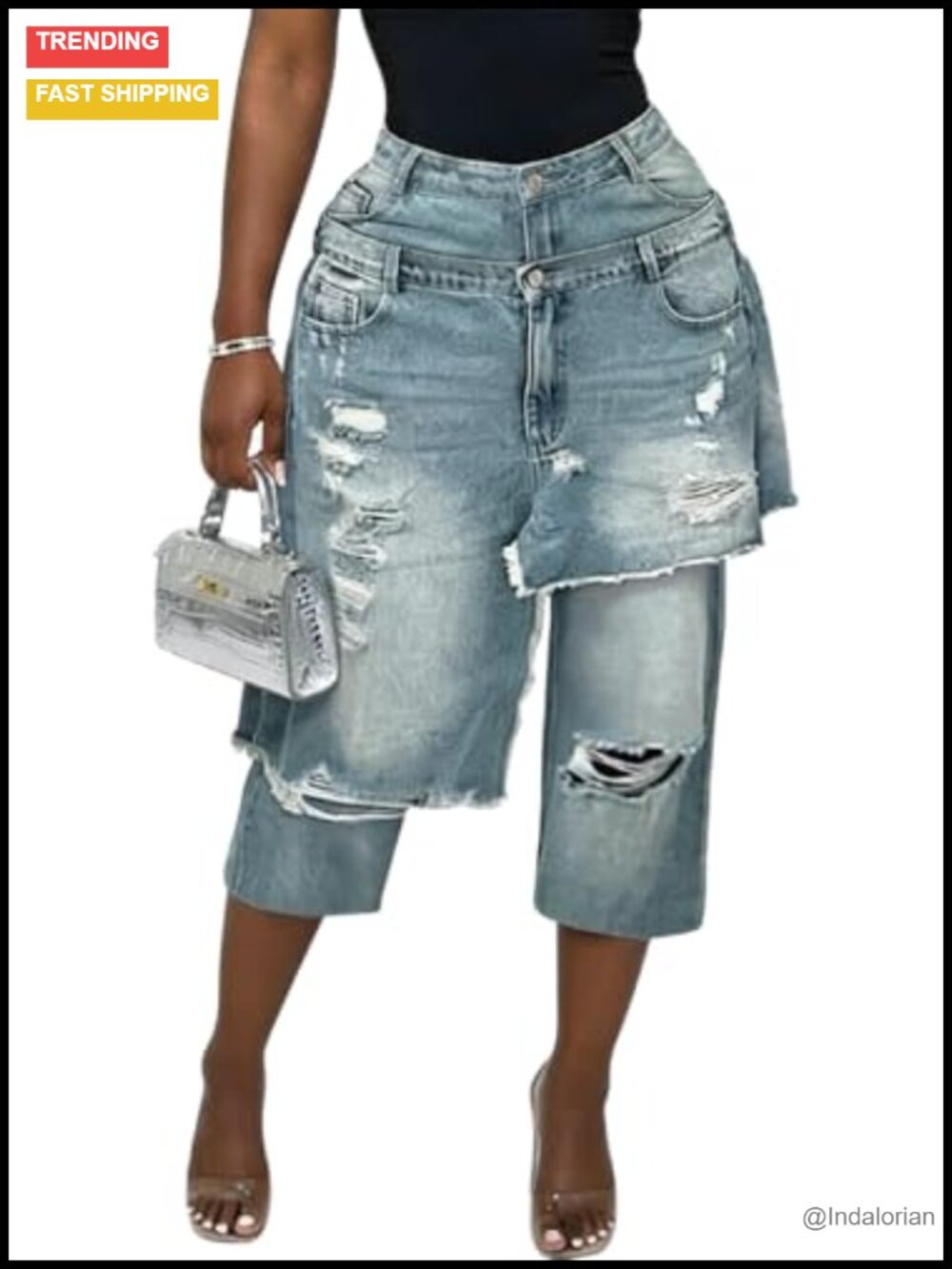 Women's High Waisted Wide Leg Jean Shorts Pull-On Cotton Blend Denim